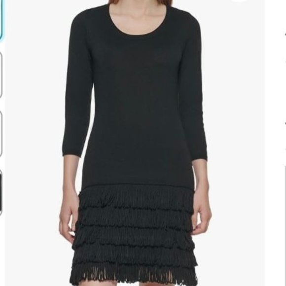 Calvin Klein Sz L Dark Heather Grey 3/4 Sleeves Crew Neck Fringe Sweater Dress - Picture 14 of 14